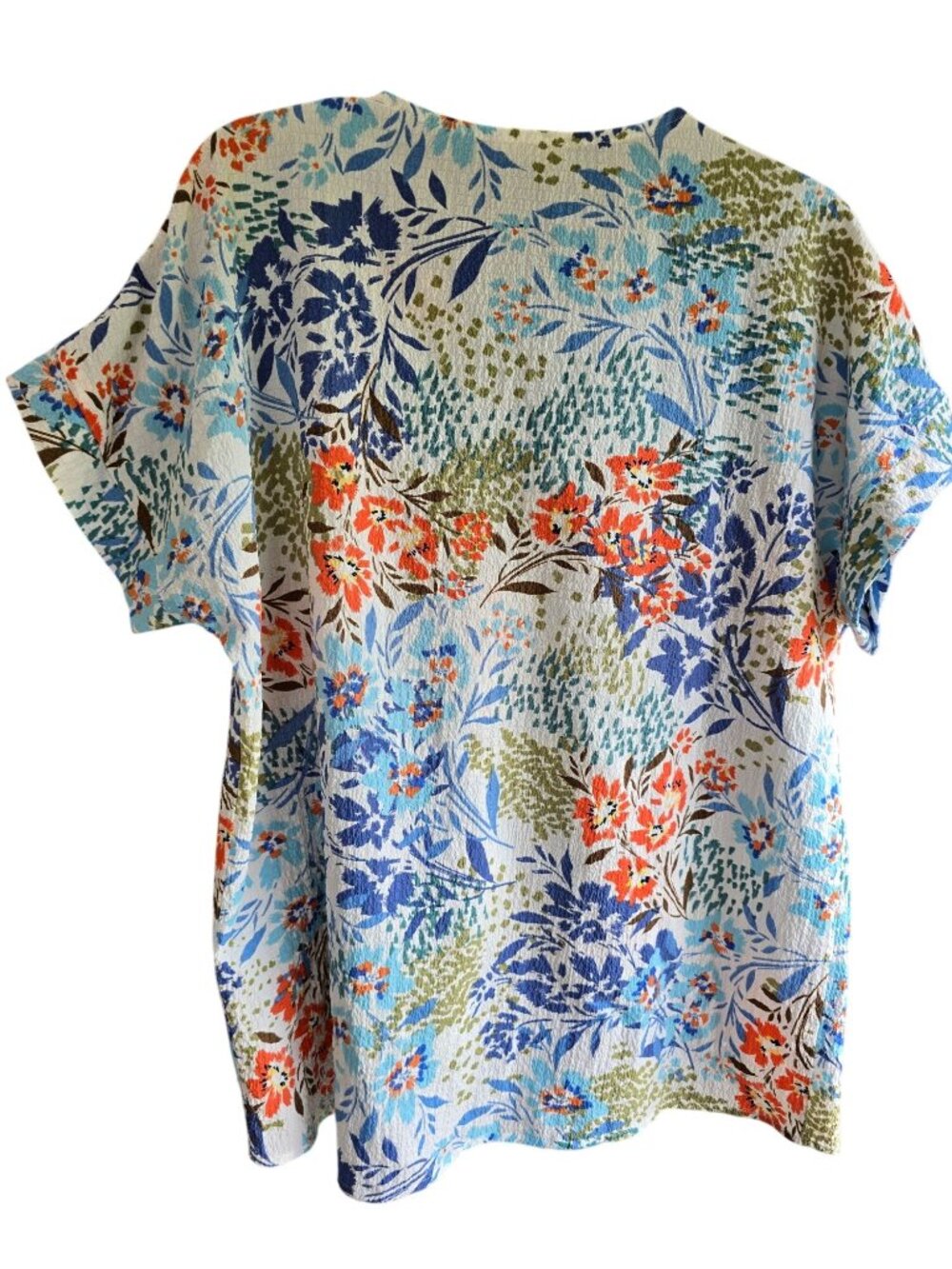 Oddi Women V-Neck Short Sleeve Floral Top Blue Multicolor Lightweight Textured L - Picture 2 of 5